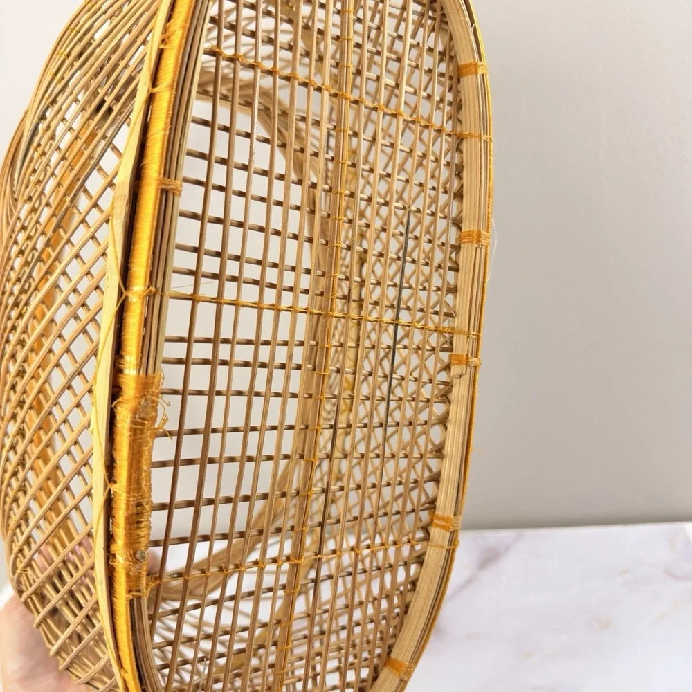 Vintage Japanese Bamboo Basket Open Weave Handle Wabi Sabi Boho Rustic Decor